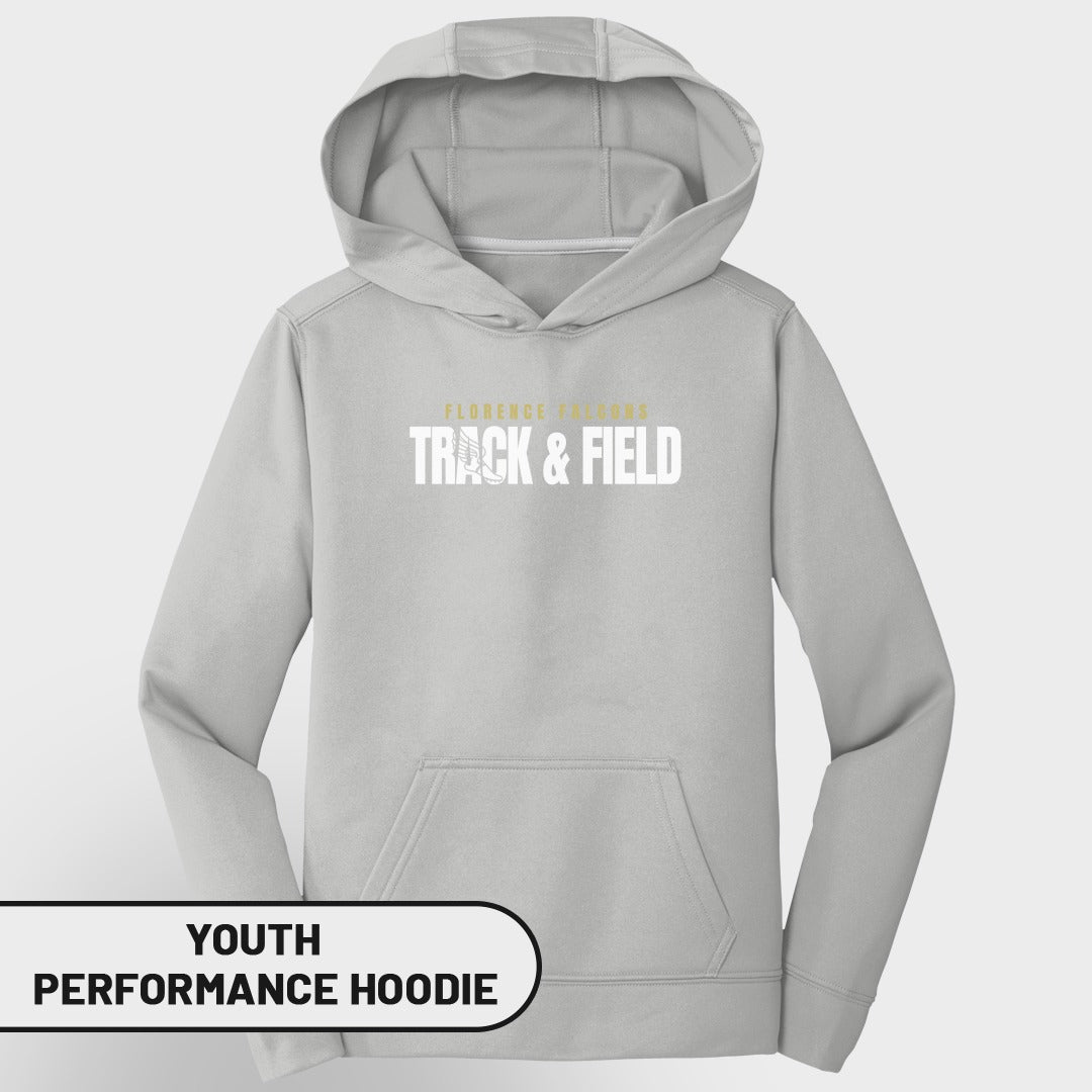Youth performance hoodie with "Florence Falcons Track & Field" text and graphic.