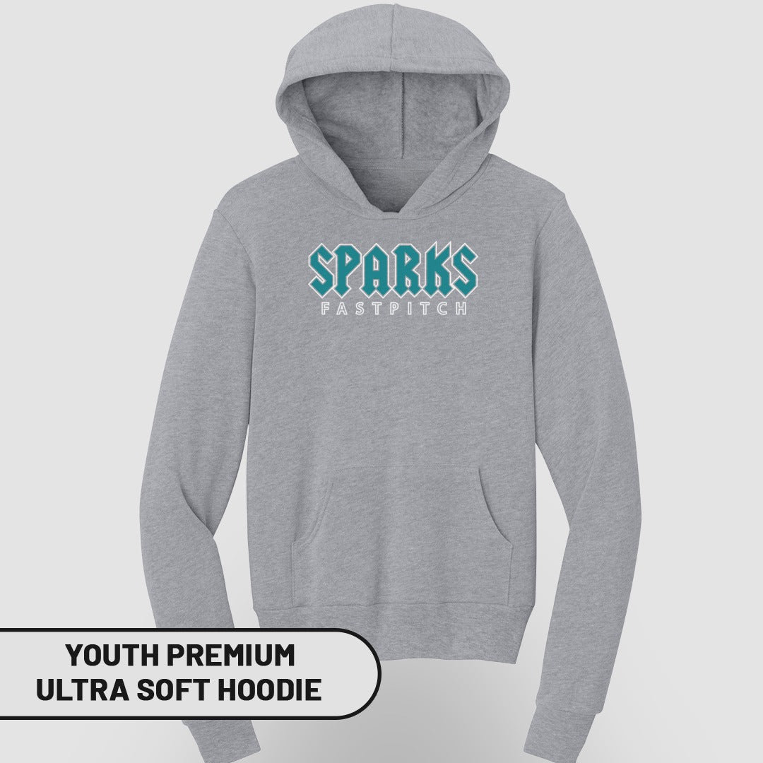 Grey youth premium ultra soft hoodie with teal "SPARKS FASTPITCH" graphic.