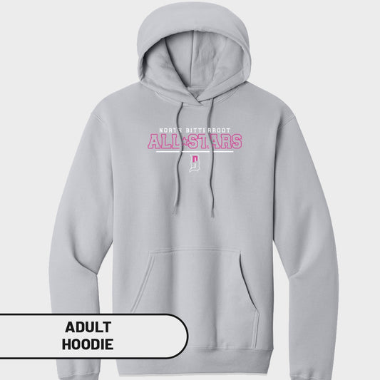 Light grey adult hoodie with "North Bitterroot All Stars" and a pink logo.
