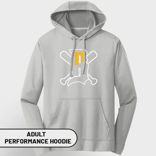 Gray adult performance hoodie with white and yellow "PD" logo on chest.