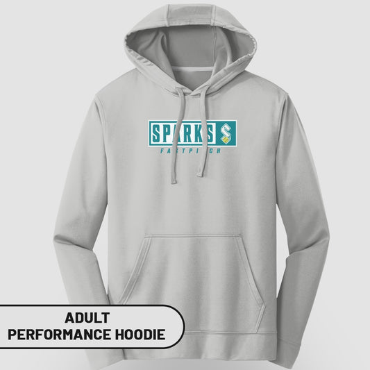 Light gray adult performance hoodie with "SPARKS" and "FAITH PITCH" logo.