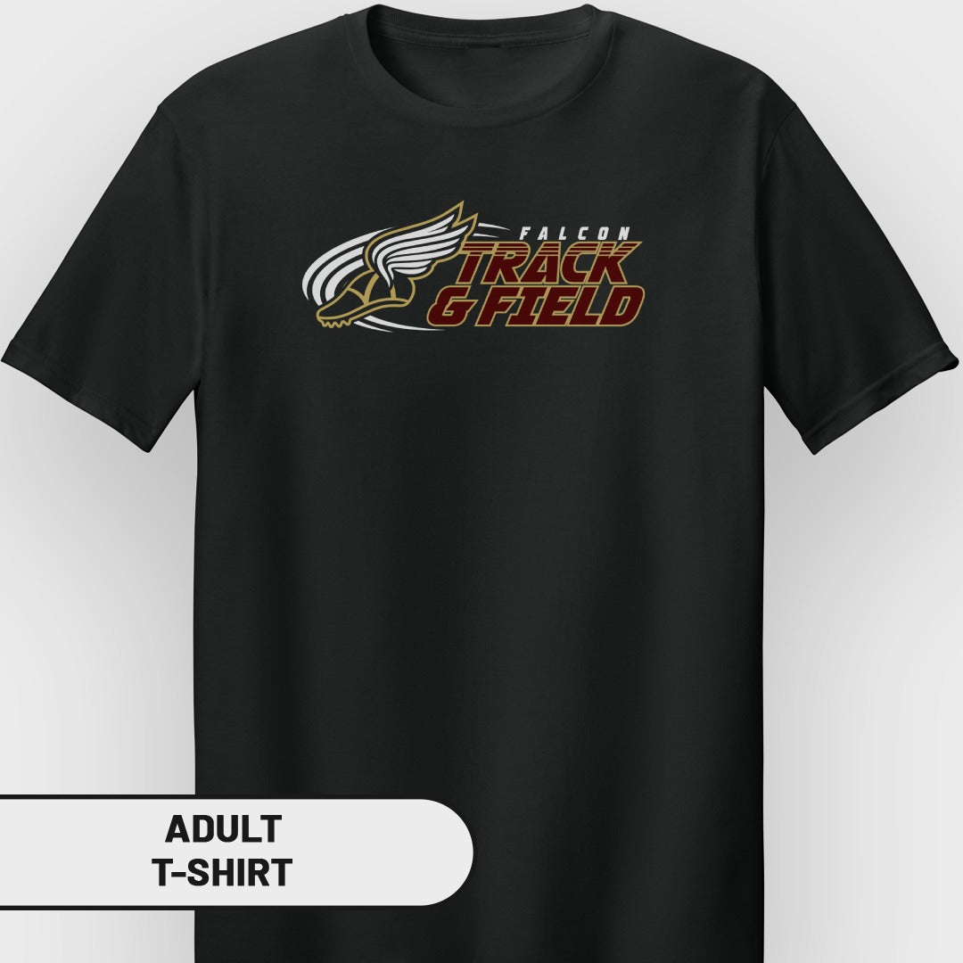 Black adult t-shirt with "FALCON TRACK & FIELD" text and winged shoe logo.