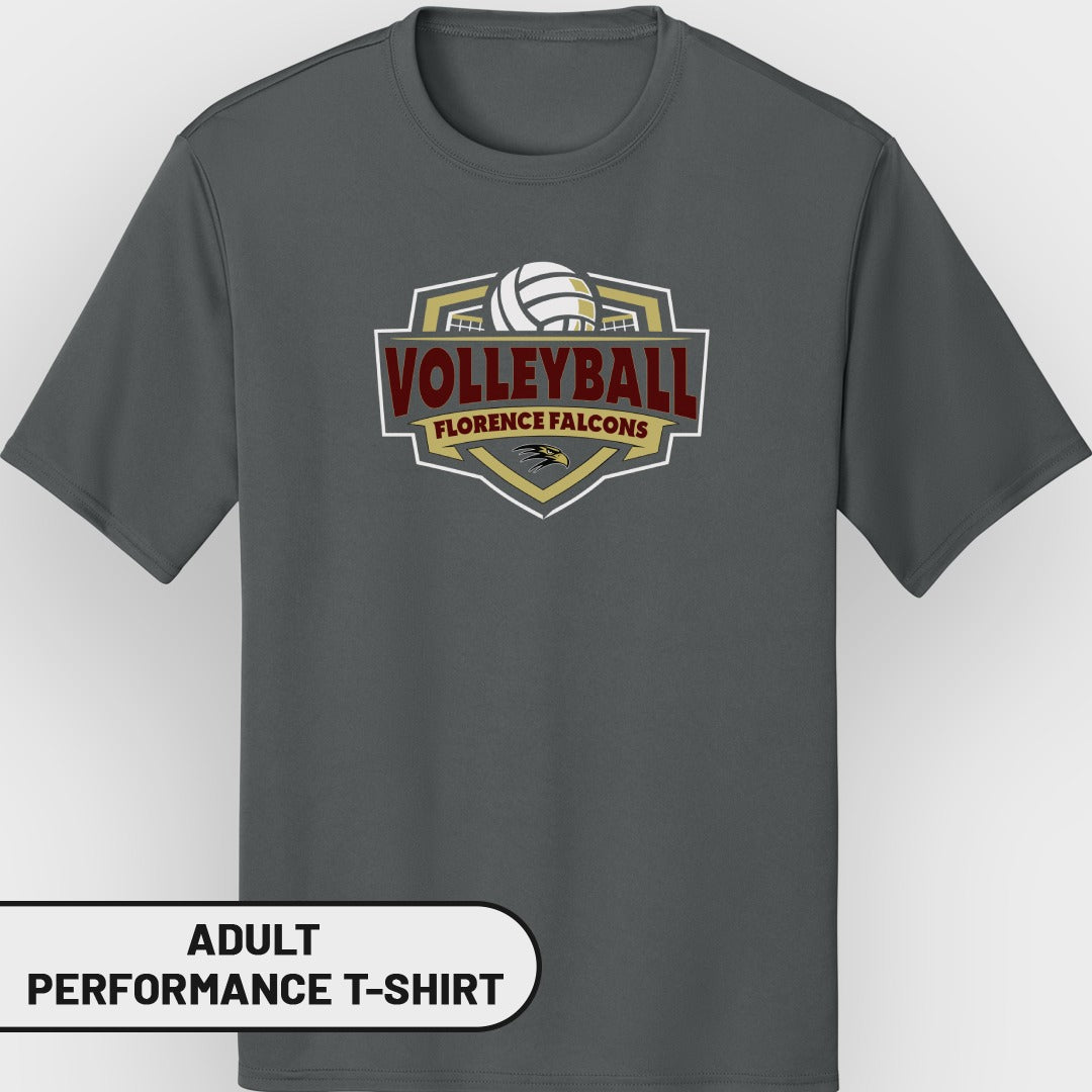 Adult performance t-shirt with Florence Falcons volleyball logo.