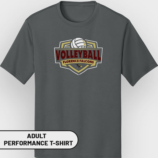 Adult performance t-shirt with Florence Falcons volleyball logo.