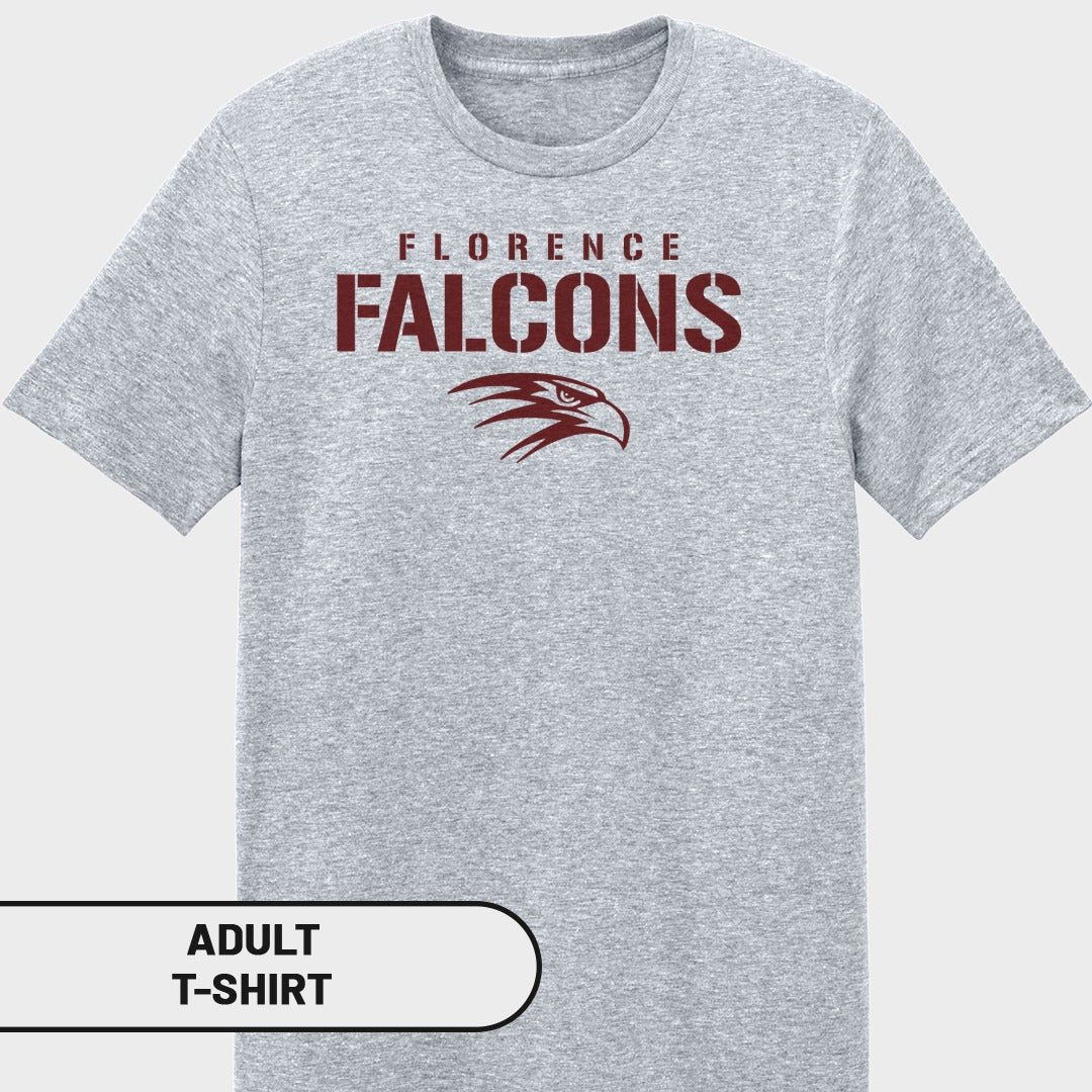 Gray adult t-shirt with "Florence Falcons" text and hawk logo.