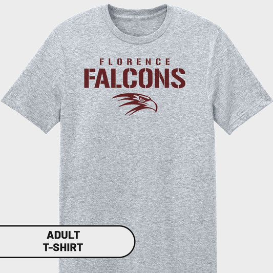 Gray adult t-shirt with "Florence Falcons" text and hawk logo.