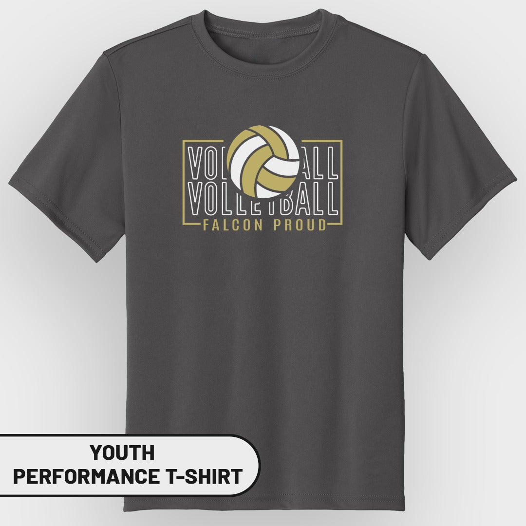 Youth performance t-shirt with volleyball graphic and "FALCON PROUD" text.