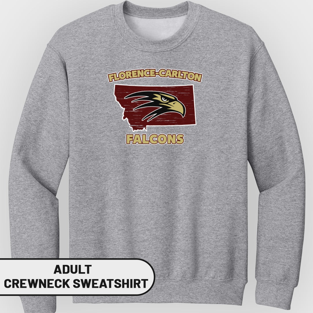 Grey crewneck sweatshirt with Florence-Carlton Falcons logo and Montana outline.