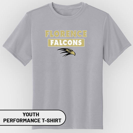 Youth gray performance t-shirt with "Florence Falcons" text and falcon logo.