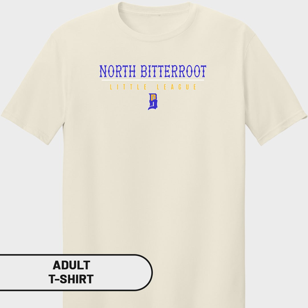 Cream t-shirt with "North Bitterroot Little League" and blue "B" logo.