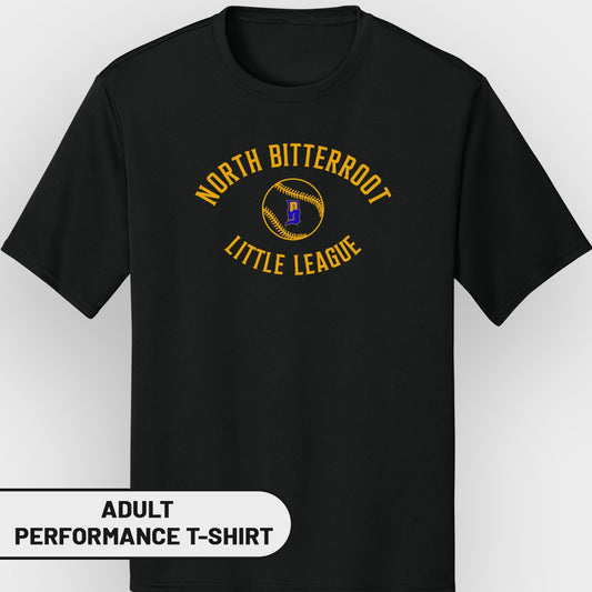 Black t-shirt with yellow and blue "North Bitterroot Little League" baseball logo.