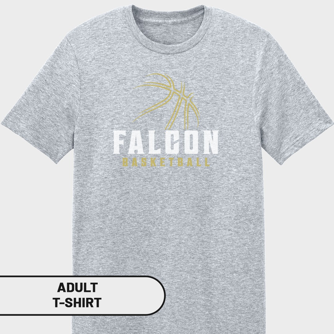Grey t-shirt with Falcon Basketball logo and text.