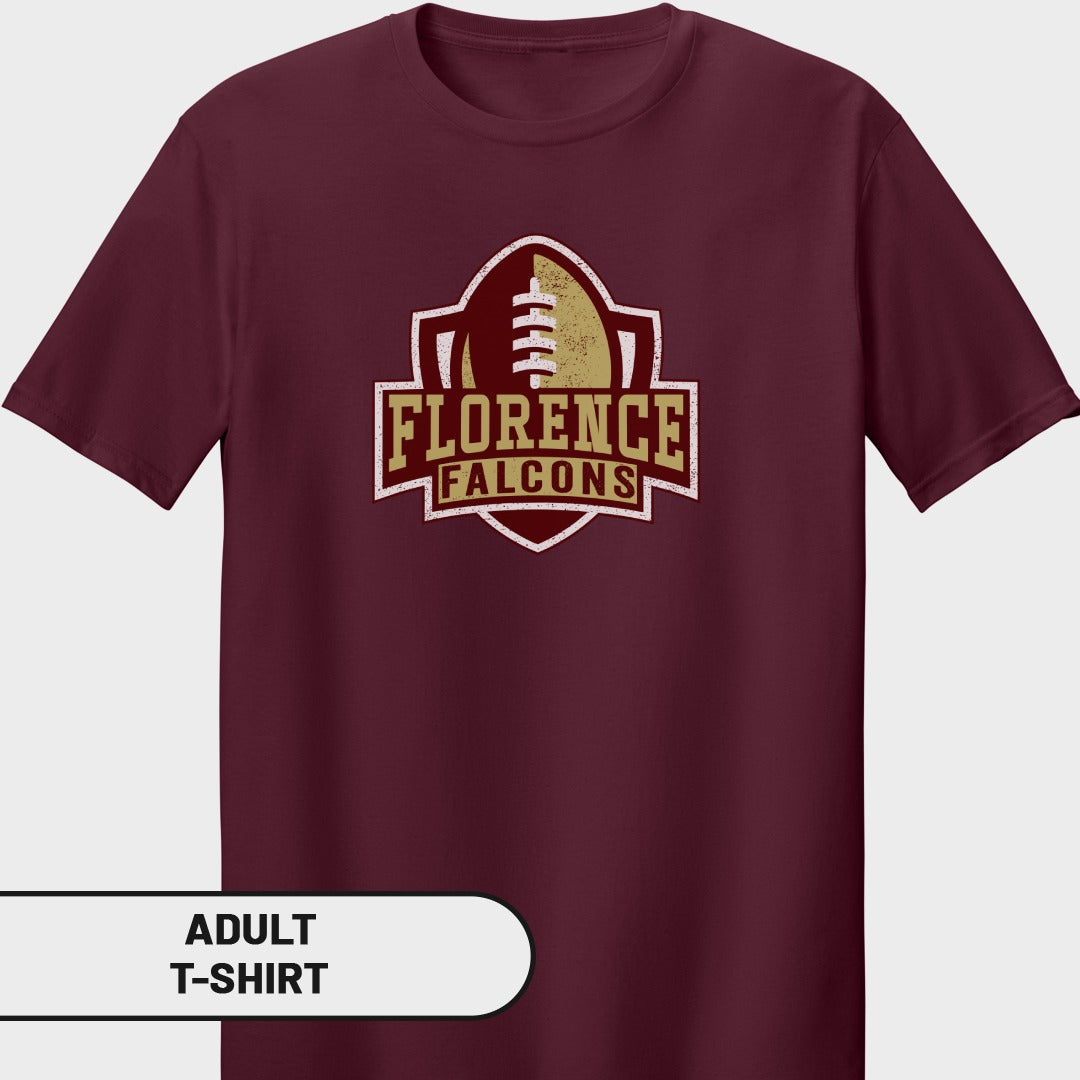 Maroon t-shirt with vintage Florence Falcons football logo on chest.