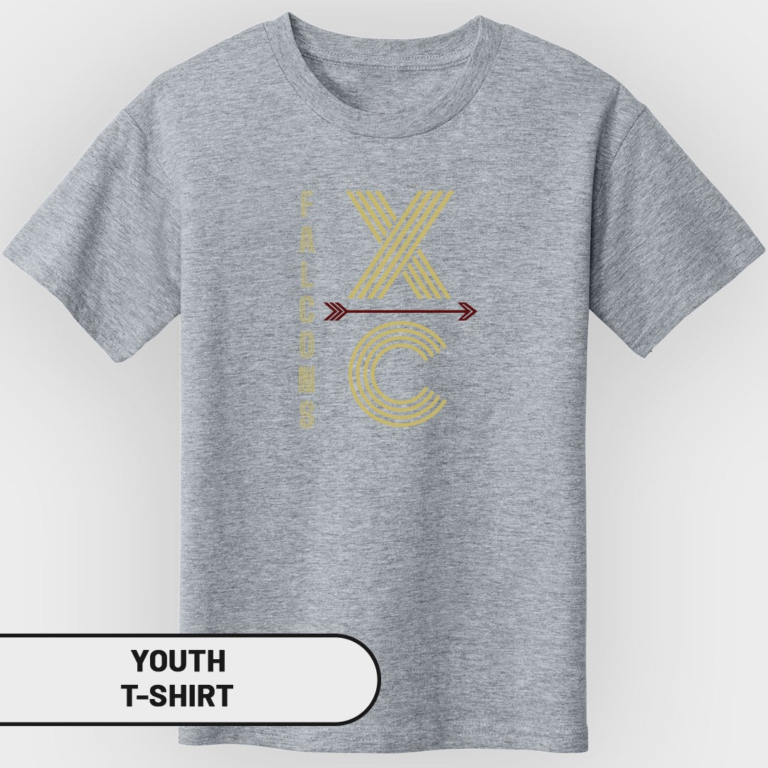 Grey youth t-shirt with "XC" in gold and maroon arrow graphic.
