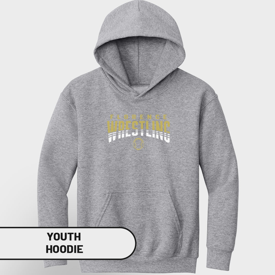 Youth grey hoodie with "Florence Wrestling" text in gold and white.