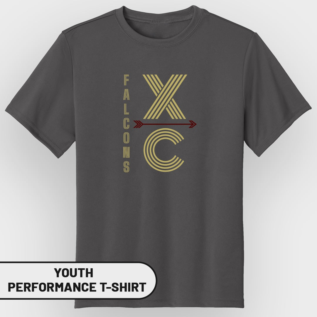 Dark gray youth performance t-shirt with "FALCONS XC" text and arrow graphic.