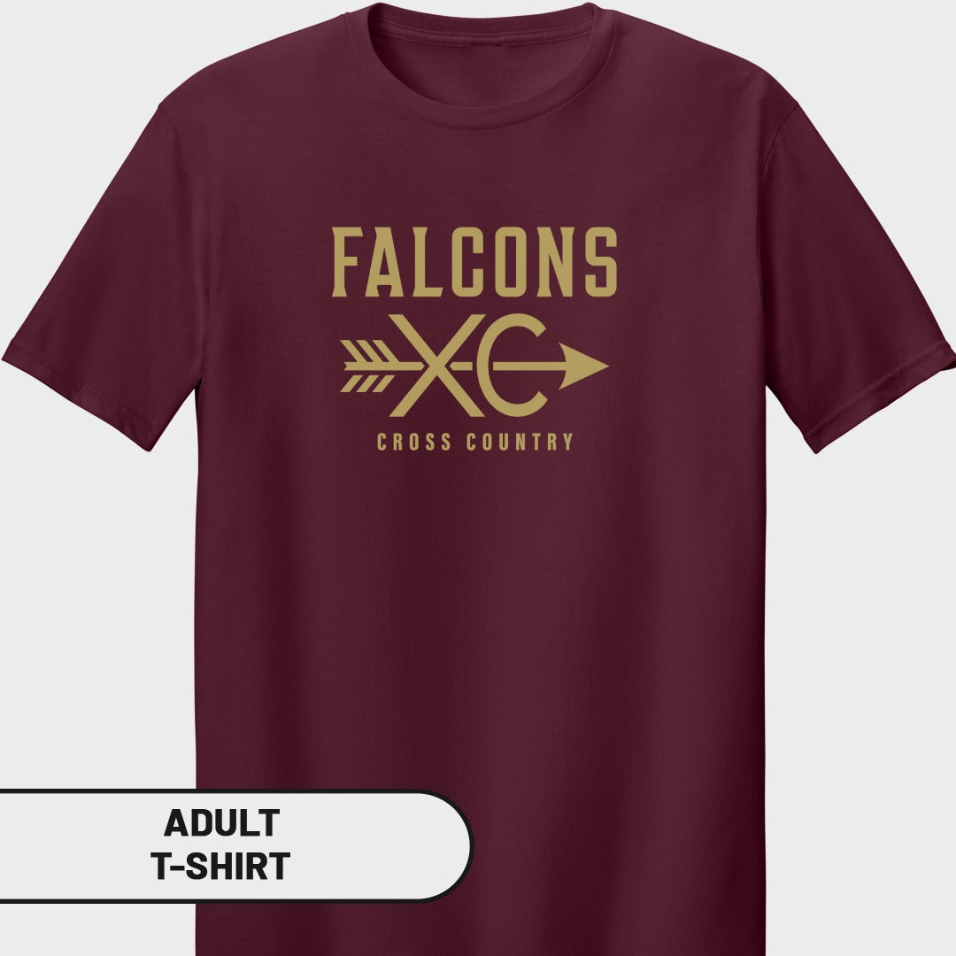 Maroon adult t-shirt with "Falcons XC Cross Country" text and graphic.