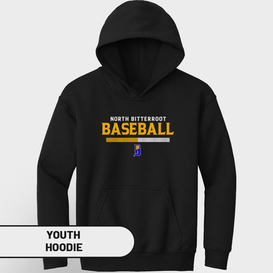 Black youth hoodie with "North Bitterroot Baseball" text and team logo.