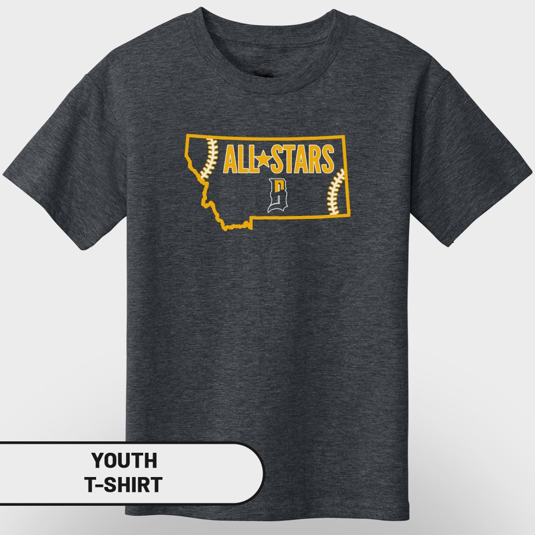 Dark grey youth t-shirt with Montana outline and "ALL STARS" baseball graphic.