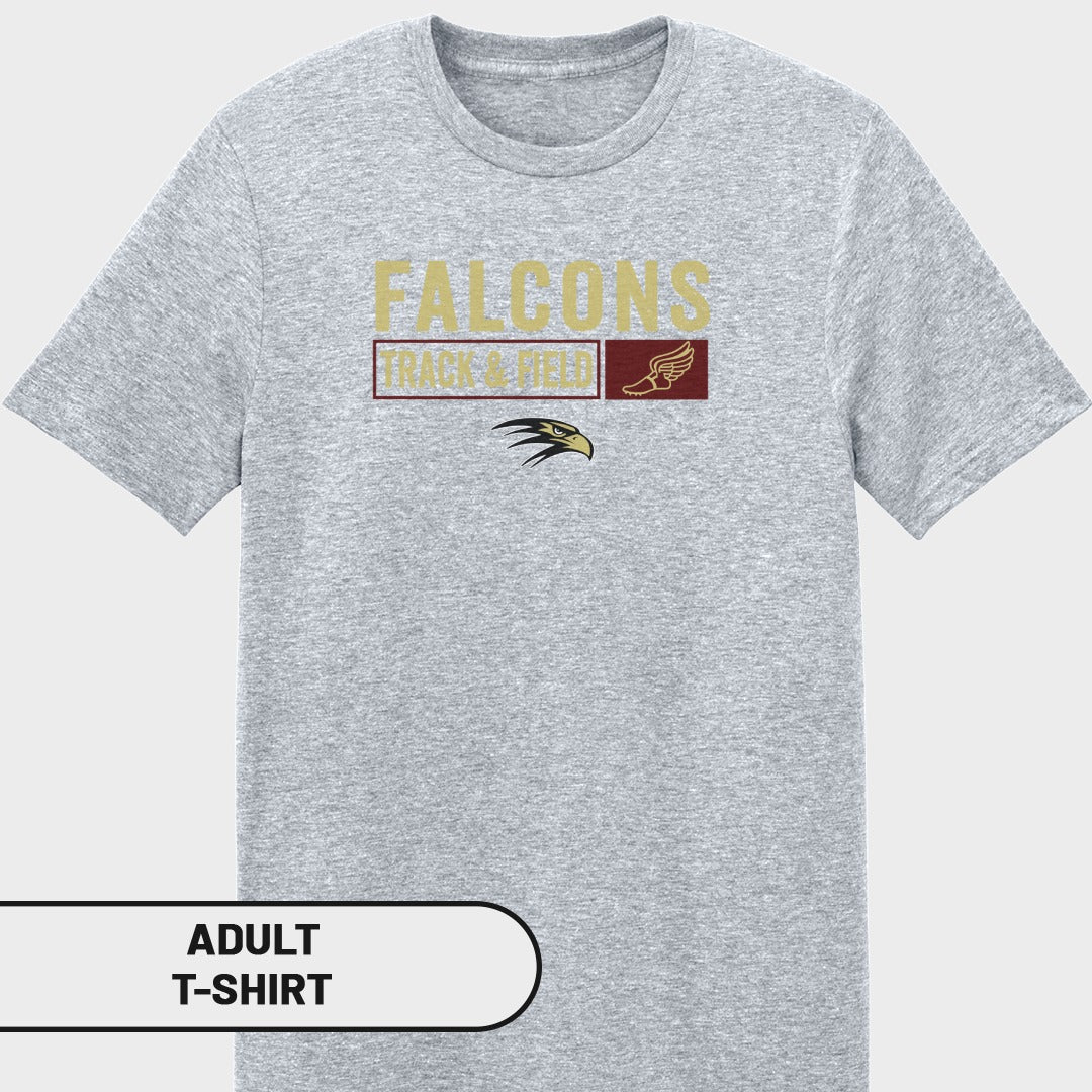 Gray adult t-shirt with "Falcons Track & Field" text and falcon mascot logo.