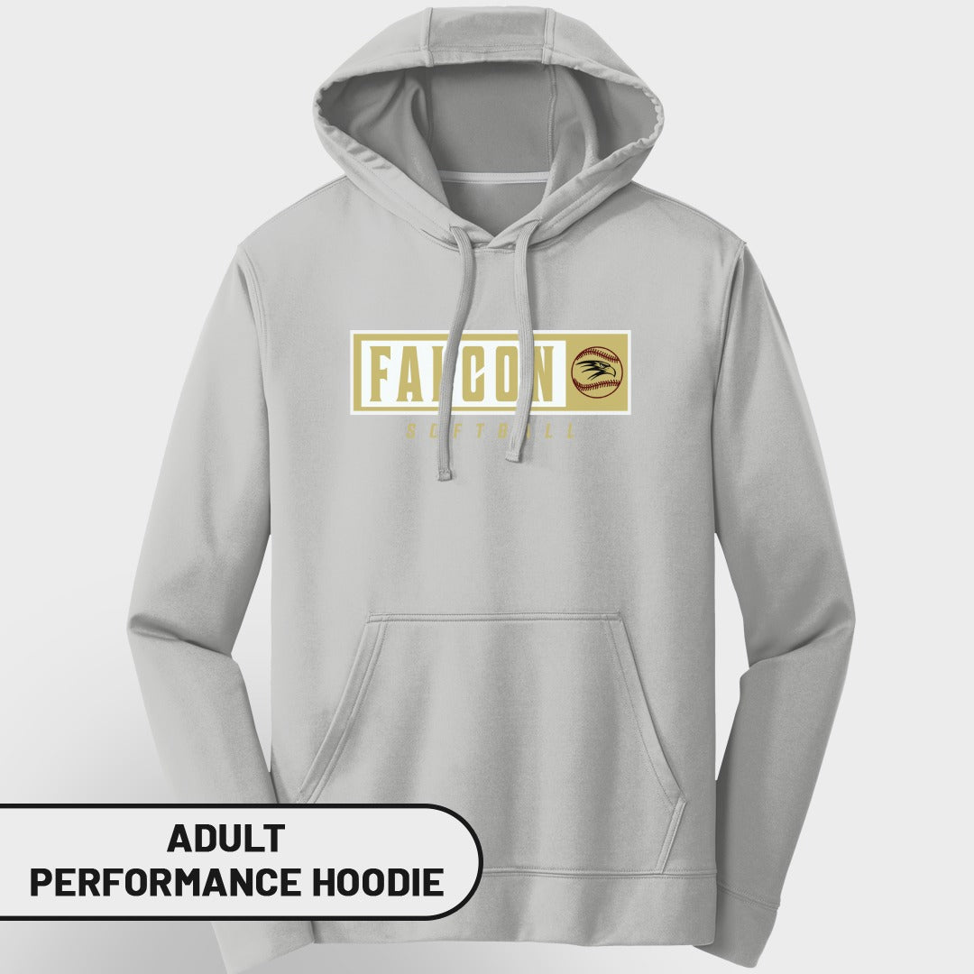 Light grey adult performance hoodie with "FALCON SOFTBALL" and softball graphic.