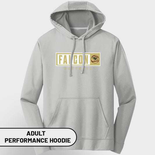 Light grey adult performance hoodie with "FALCON SOFTBALL" and softball graphic.