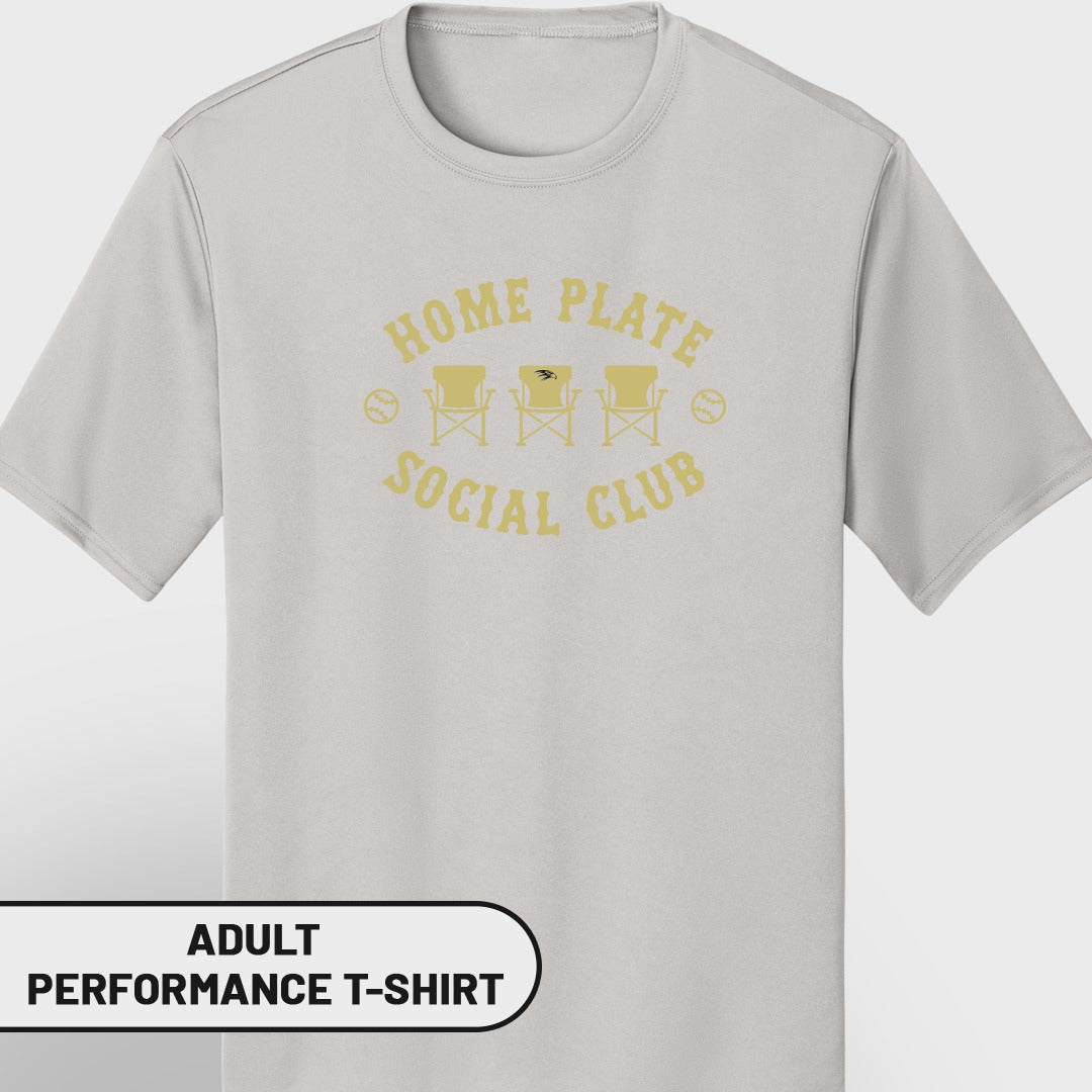 Light grey t-shirt with "Home Plate Social Club" text and graphics.