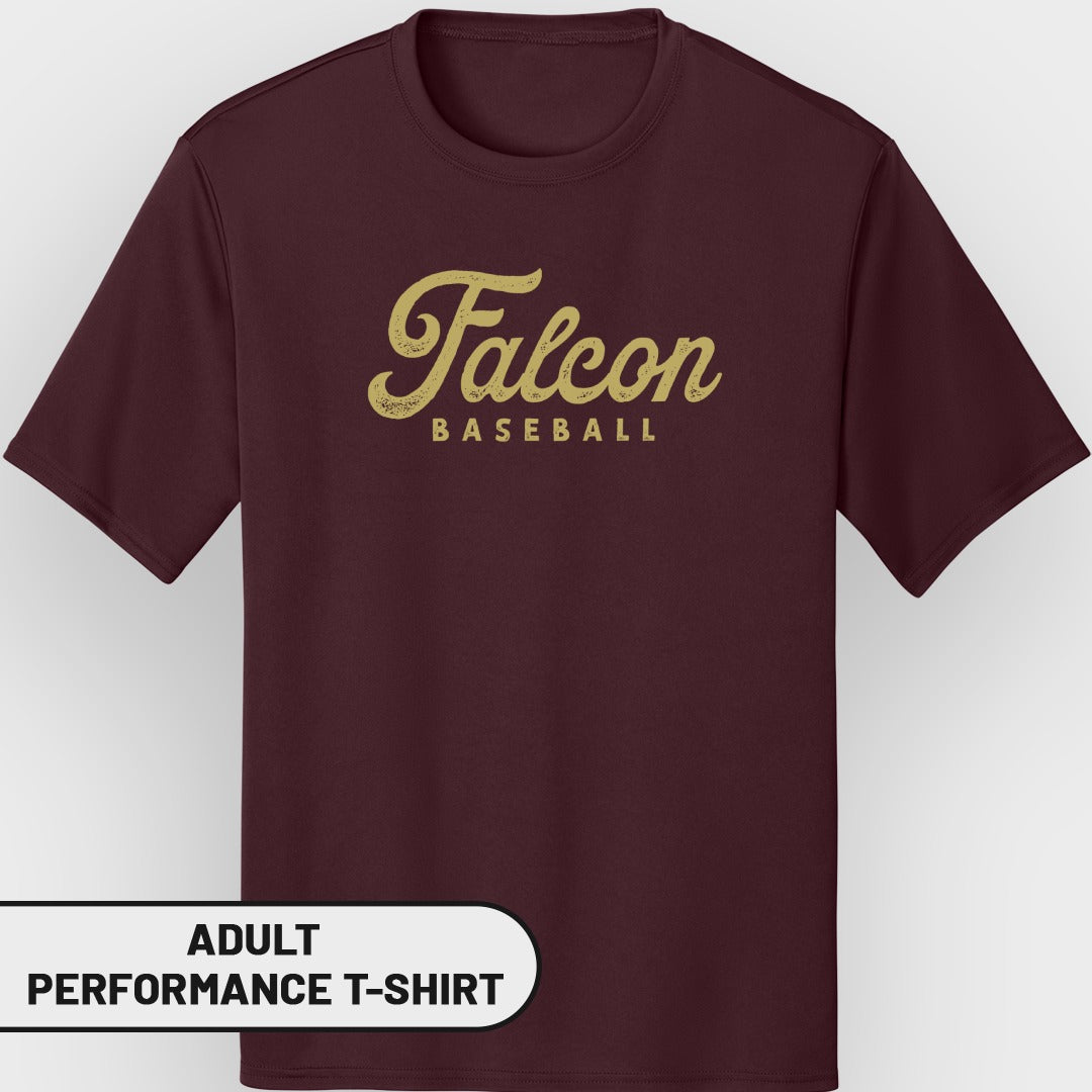 Maroon adult performance t-shirt with "Falcon BASEBALL" text.