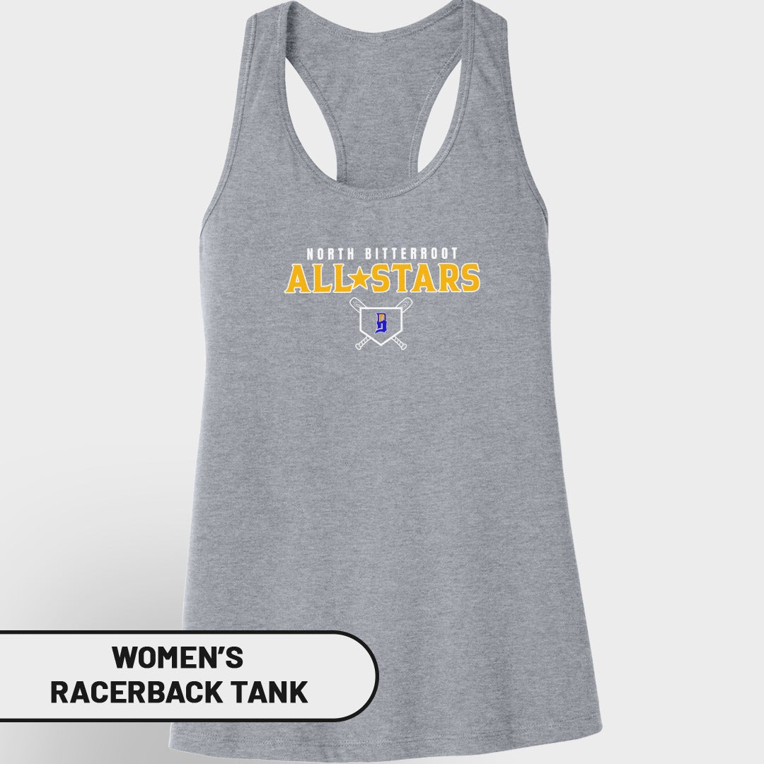 Grey women's racerback tank with "North Bitterroot All Stars" text and baseball graphic.