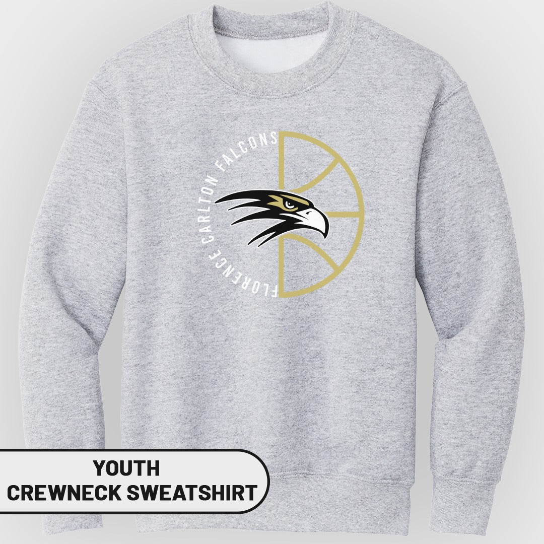Youth crewneck sweatshirt with Florence Carlton Falcons eagle and basketball logo.