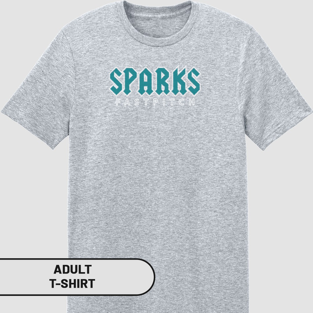 Grey adult t-shirt with "SPARKS FASTPITCH" in teal lettering.