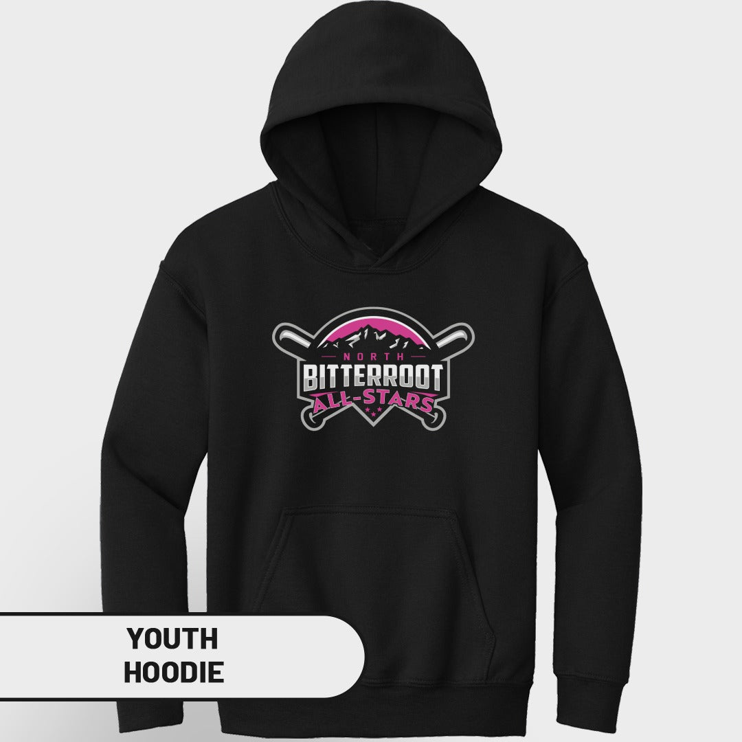 Black youth hoodie with "North Valley Bitterroot All-Stars" logo.