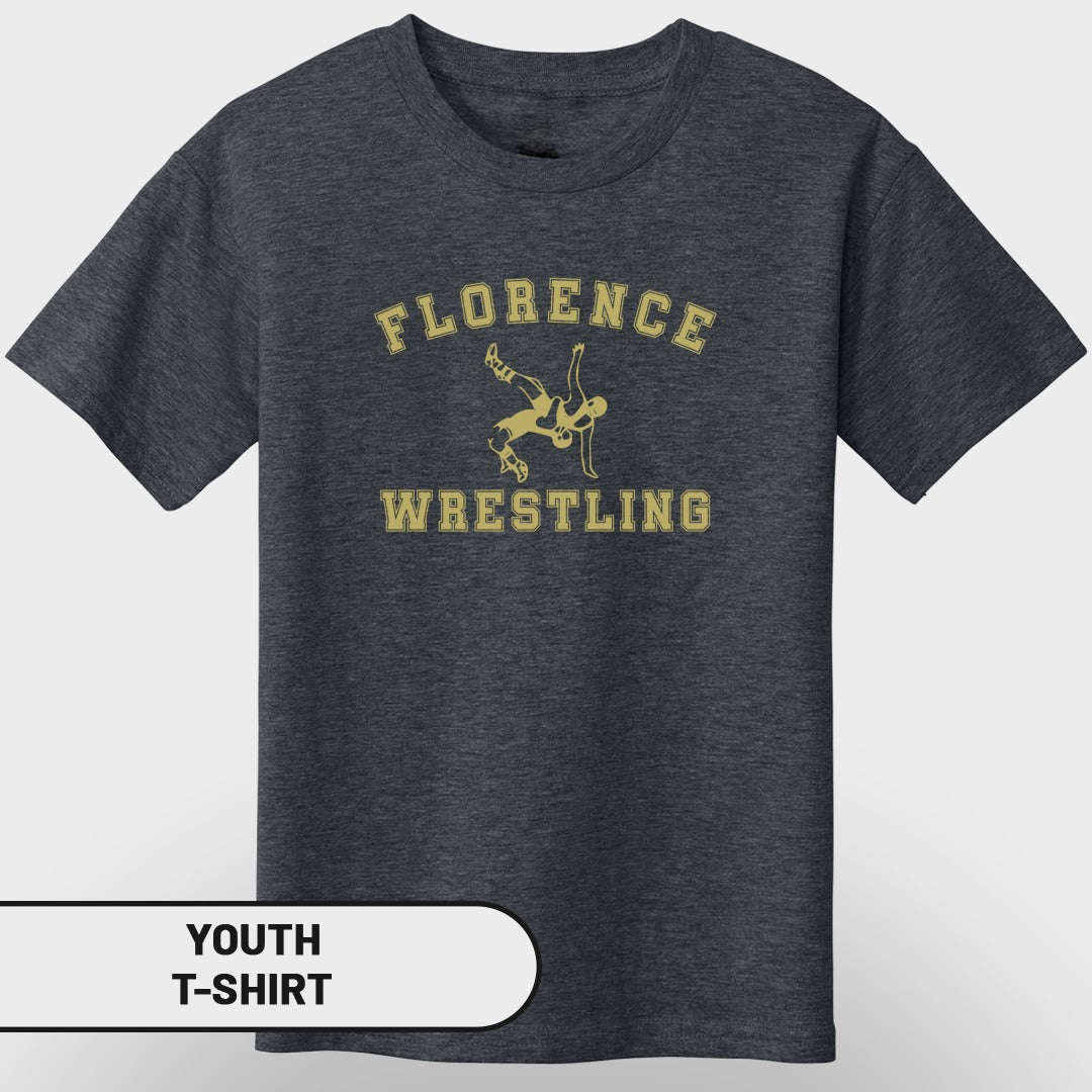 Dark gray youth t-shirt with "Florence Wrestling" text and wrestling graphic.