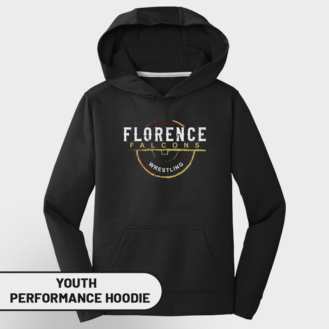 Black youth performance hoodie with Florence Falcons Wrestling graphic.