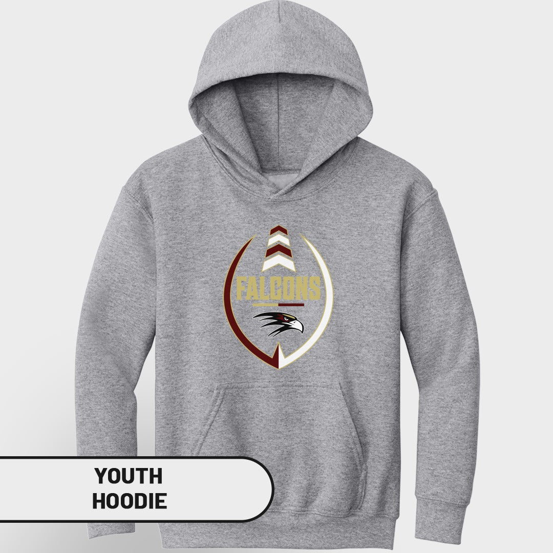 Grey youth hoodie with a "FALCONS" emblem and eagle graphic.