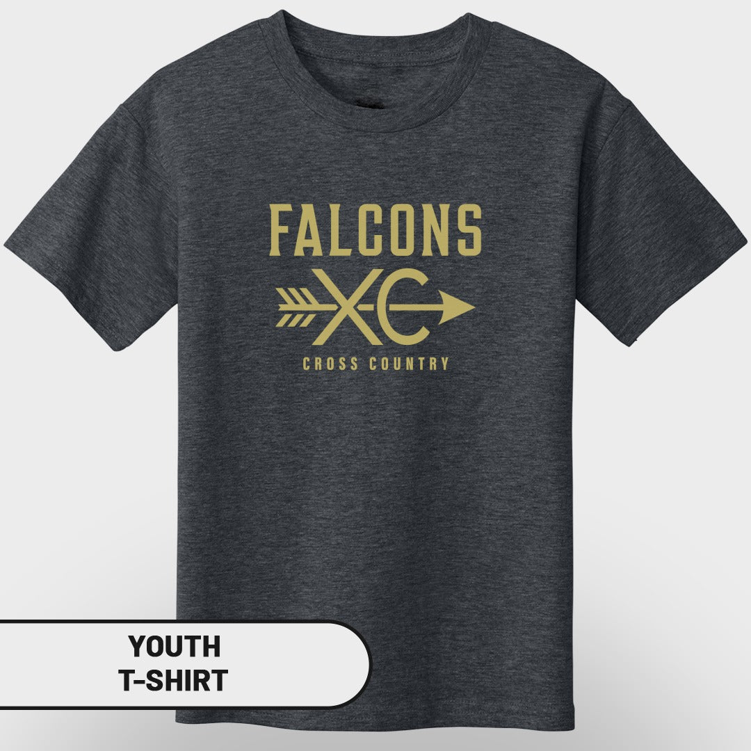 Dark grey youth t-shirt with "FALCONS XC CROSS COUNTRY" text and arrow graphic.