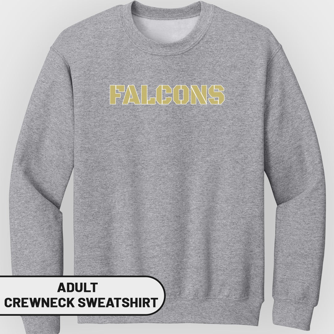 Gray adult crewneck sweatshirt with "FALCONS" in gold lettering.