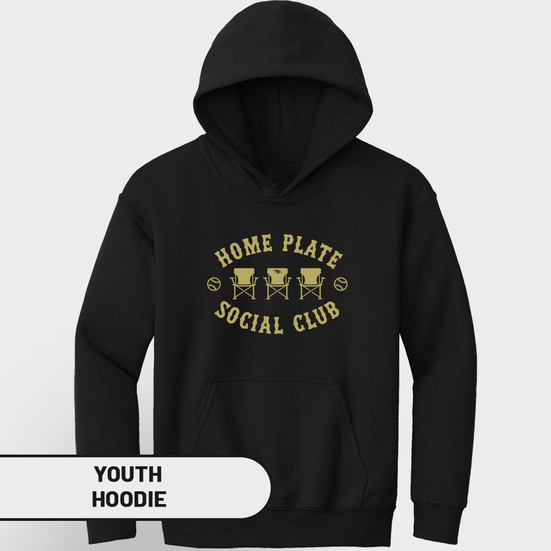 Black youth hoodie with "HOME PLATE SOCIAL CLUB" text and three chairs graphic.