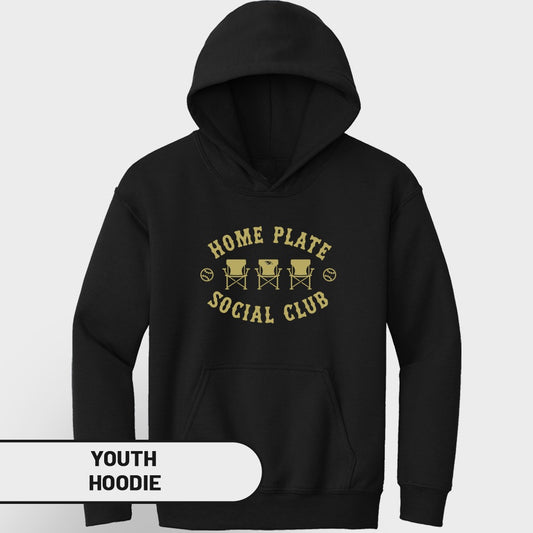 Black youth hoodie with "HOME PLATE SOCIAL CLUB" text and three chairs graphic.