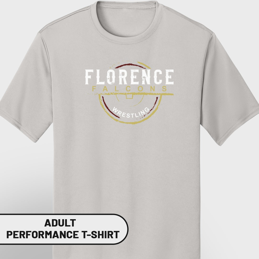 Light gray adult performance t-shirt with Florence Falcons Wrestling logo.