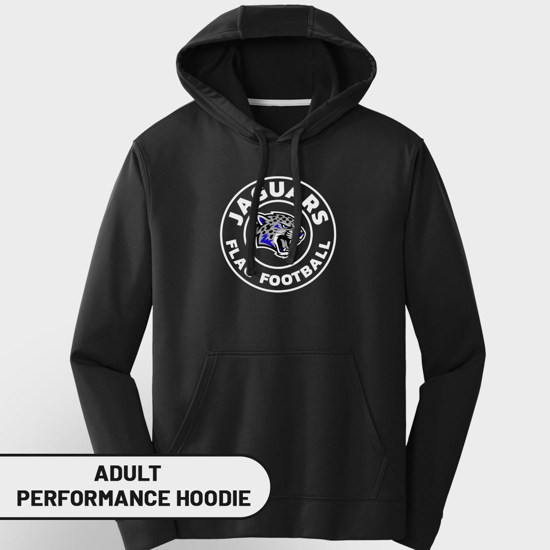 Black adult performance hoodie with circular Jaguars football logo.