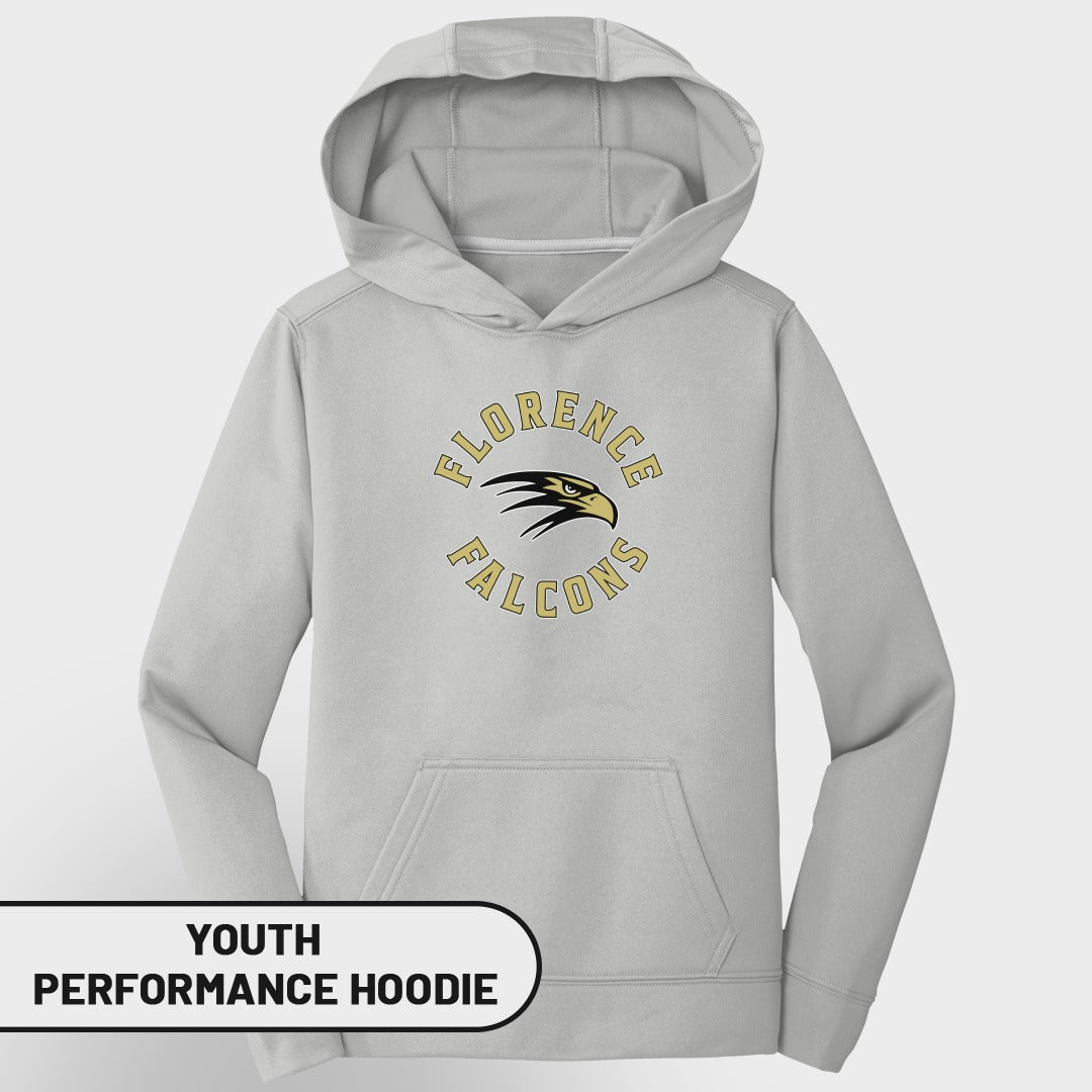 Light grey youth performance hoodie with "Florence Falcons" logo.