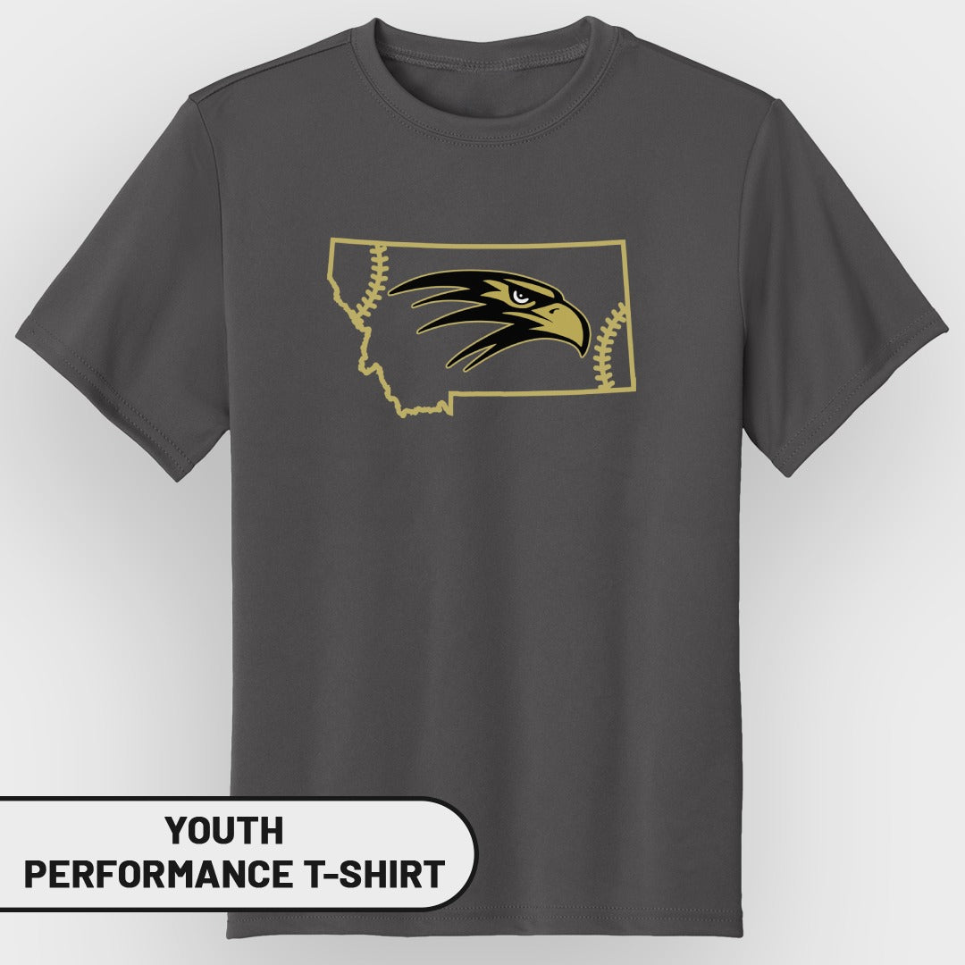Youth performance t-shirt with Montana outline and hawk graphic.
