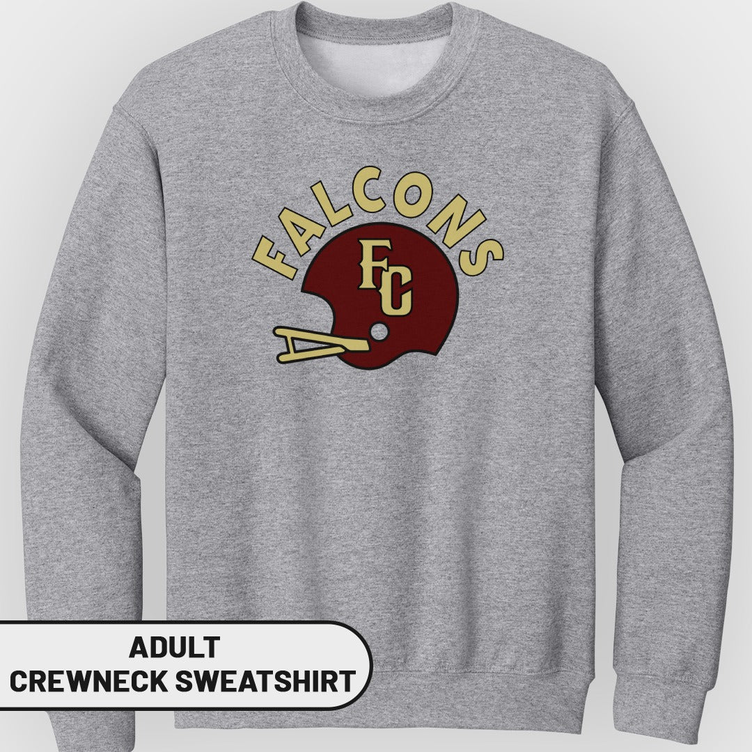 Gray adult crewneck sweatshirt with maroon and gold Falcons helmet logo.