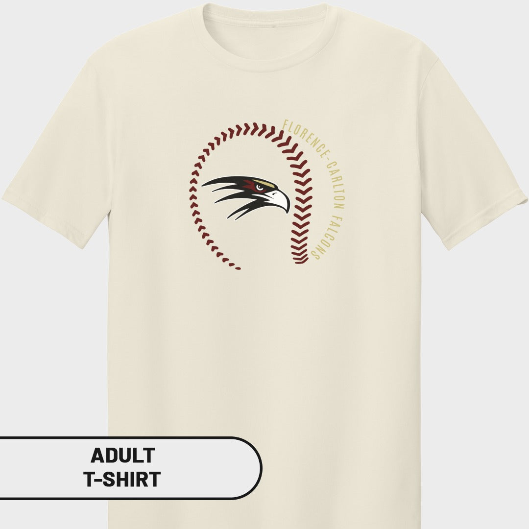 Cream adult t-shirt with Florence-Carlton Falcons baseball graphic.