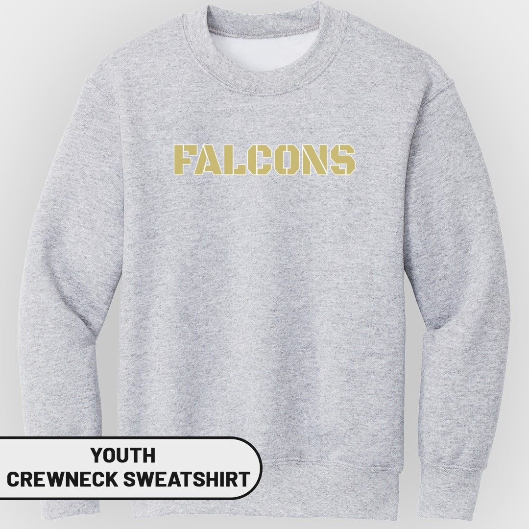 Light grey youth crewneck sweatshirt with "FALCONS" in gold lettering.