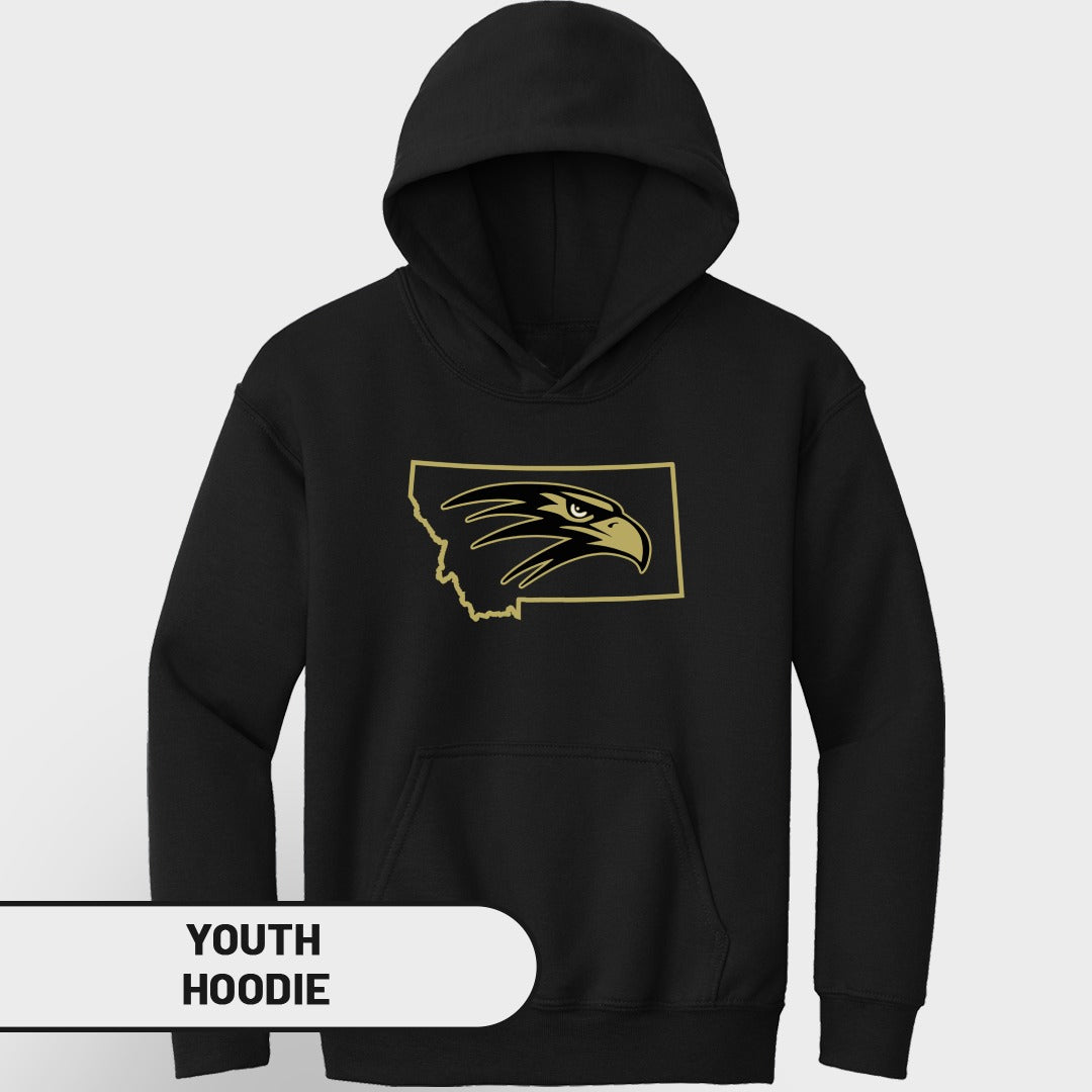 Black youth hoodie with Montana state outline and gold eagle head graphic.
