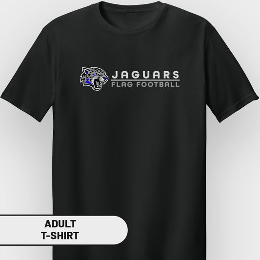 Black adult t-shirt with Jaguars Flag Football logo and text.