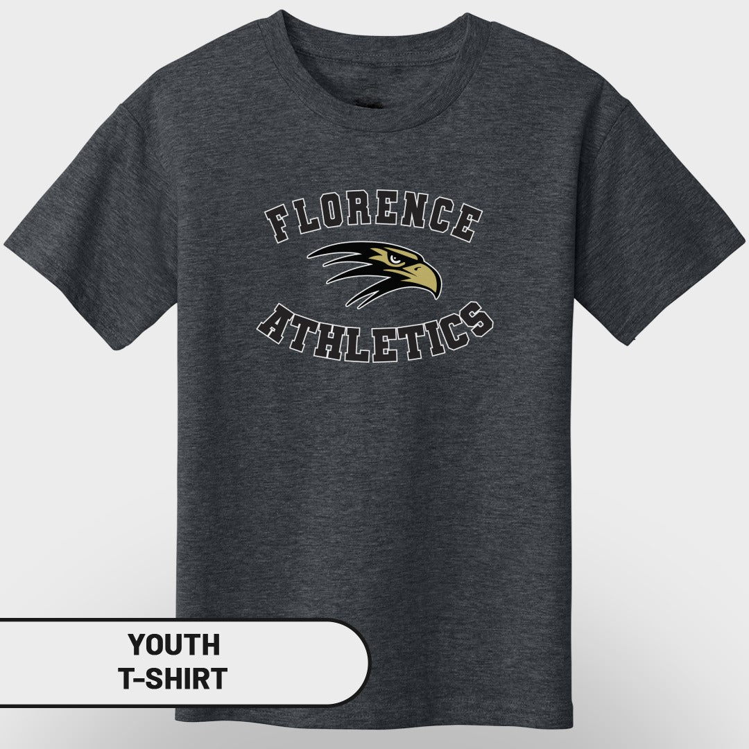 Dark gray youth t-shirt with "Florence Athletics" and eagle logo.