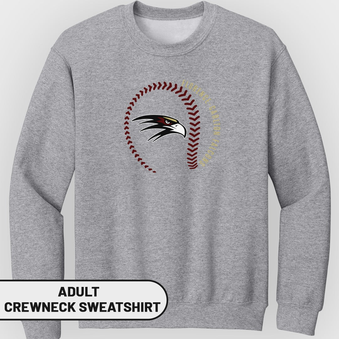Gray adult crewneck sweatshirt with a baseball stitch and eagle logo.